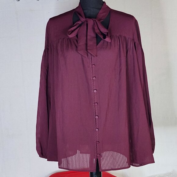Time and Tru Tops - Time & Tru Metropolis Burgundy LS Tie Neck Poly Relaxed Fit Button Up Top Sz XXL